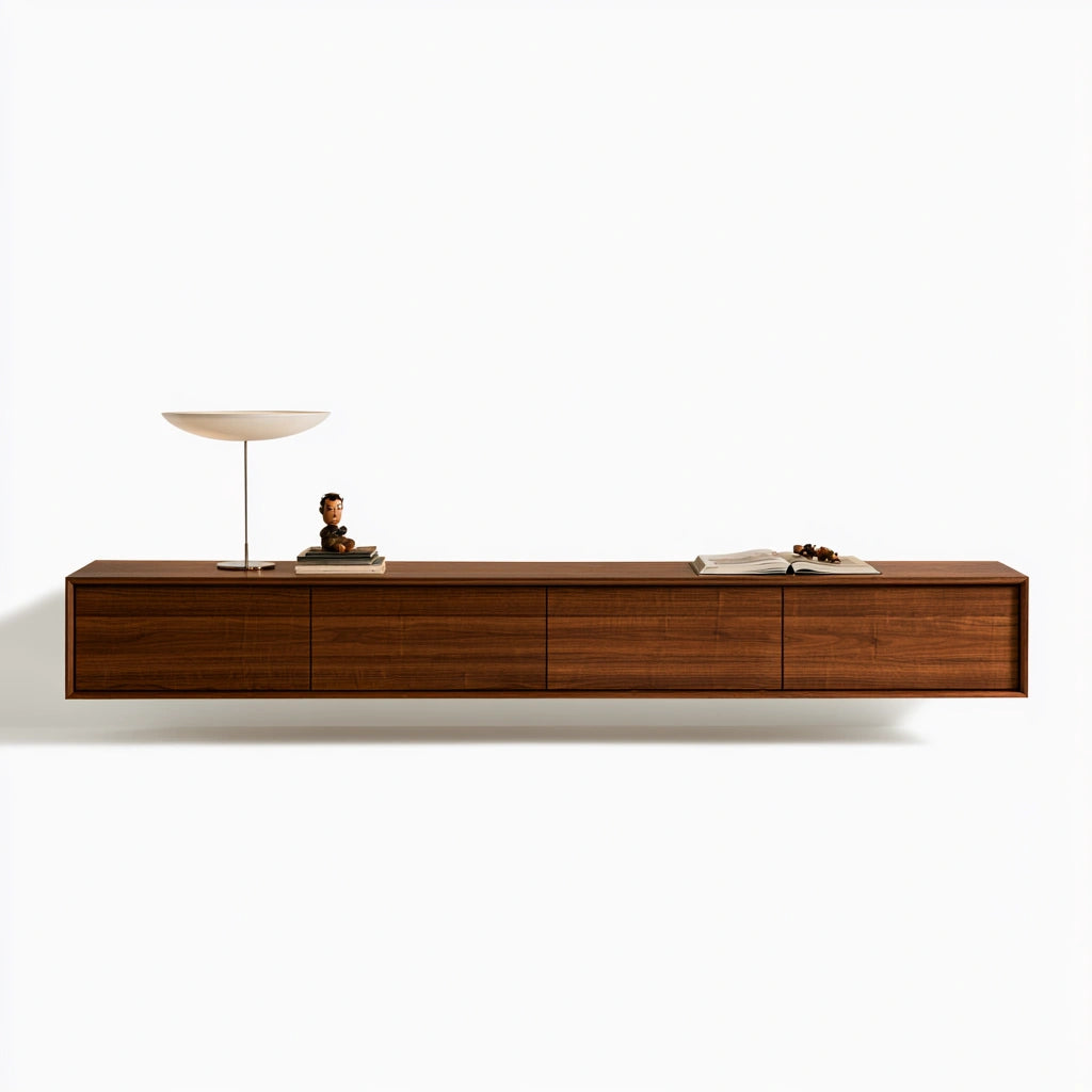 Meuble de rangement en bois finition noyer mural suspendu, coloris brun noyer