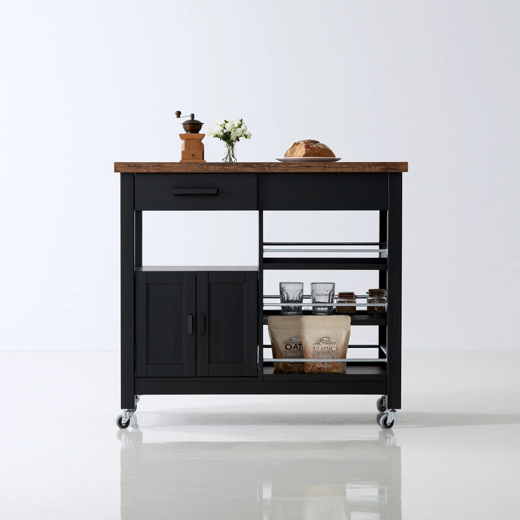 Îlot de cuisine mobile en bois sur roulettes, coloris noir