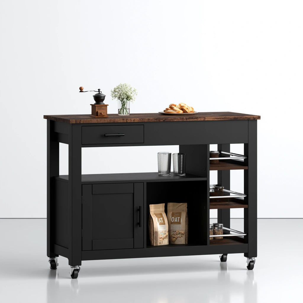 Îlot de cuisine mobile en bois sur roulettes, coloris noir