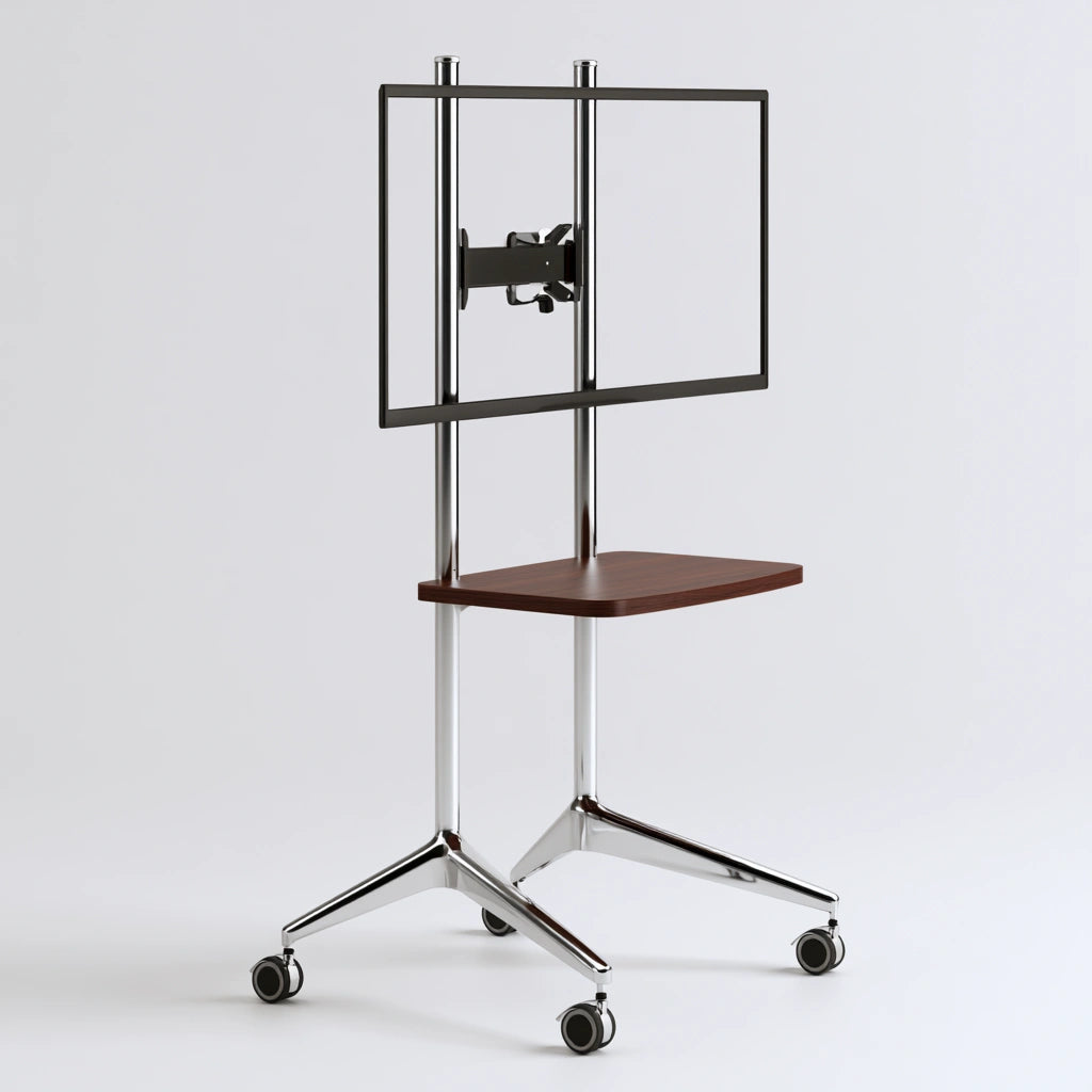 Meuble télévision avec structure chromée sur roulettes, coloris argenté et noir